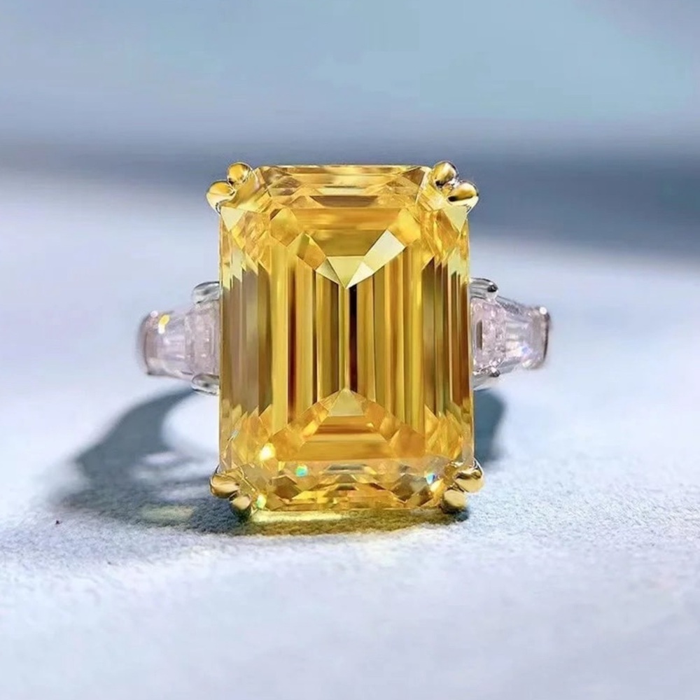 🔥Yellow Emerald Cut Carbon Cz Diamond Ring  925 Sterling Silver Size 7